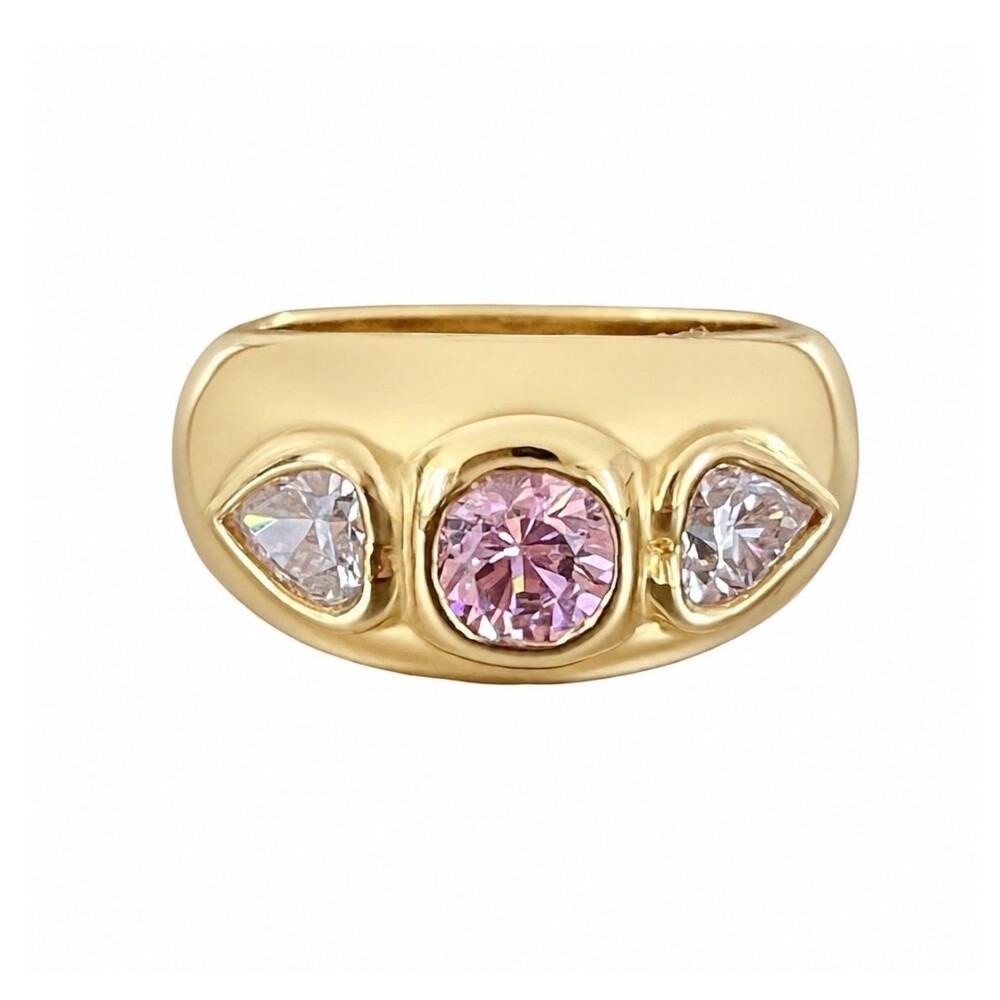 Vintage 1970s Ring Size 7 Pink CZ Heart Three Stone 14KT Gold Plate - 14F